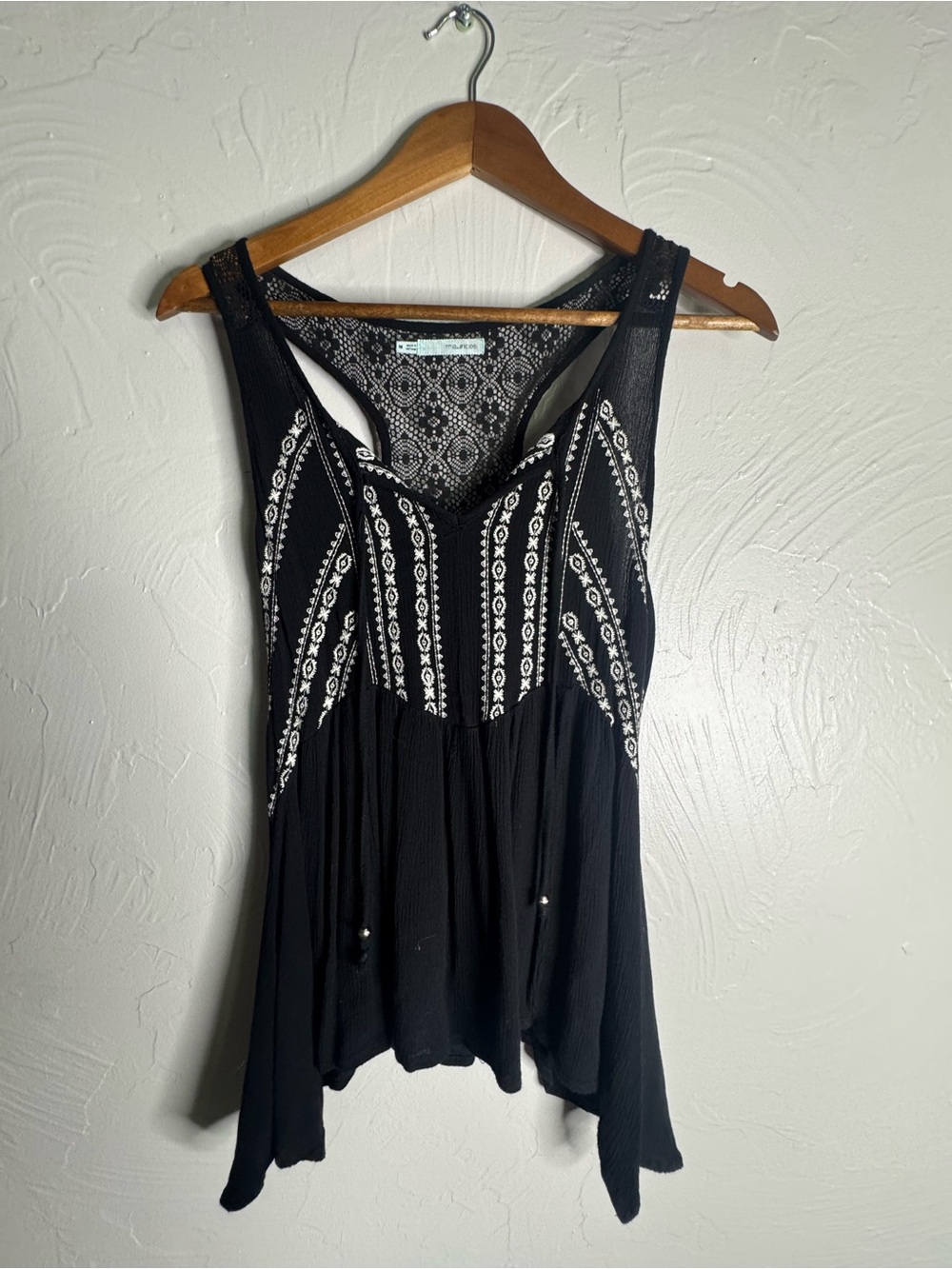 Maurices Black Tank Top with White Embroidered Details